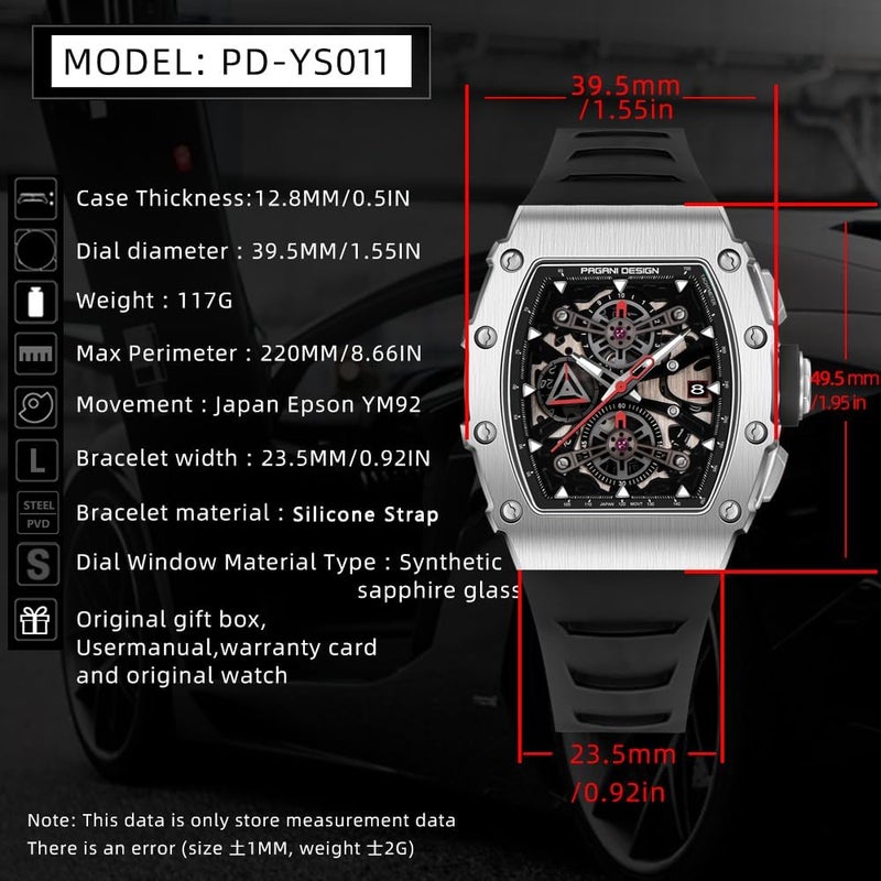 PAGANI DESIGN PD-YS011 Men's Skeleton Quartz Wristwatch with Sapphire Glass and Stainless Steel Case - Image 2